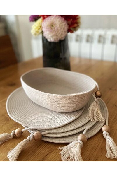 karelim home 4 lü supla Amerikan servisi ve ekmek sepeti boncuk detaylı takım...