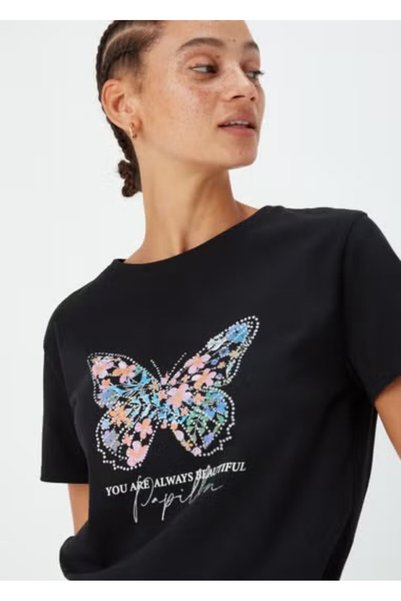 Kübra Tekstil 2477 Butterfly Printed Black Women's T-shirt