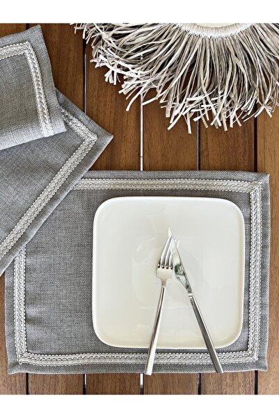 desen izmir Amerikan Servis,Keten Dokulu Gri Renk 4 Adet 30 cm x 40 cm