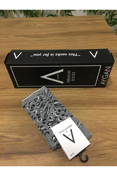 AyganStore Kışlık Roll Top Leopar Desenli Pamuk Lastiksiz Gri 1 Çift Çorap