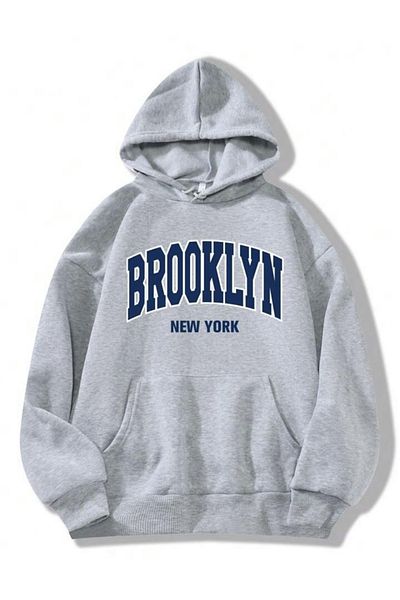 BYMEER Унисекс сив суитшърт с качулка и щампа Brooklyn New York