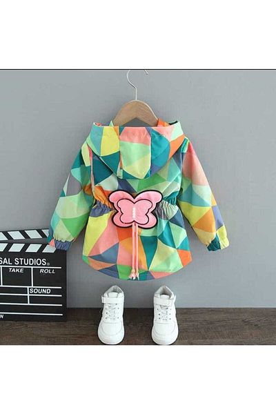 Retro Girl's Butterfly Green Geometric Patterned Hooded Raincoat Jacket