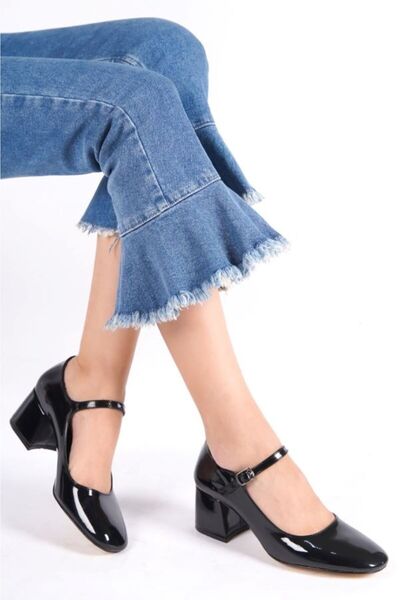 Ayakkabı Podyumum "CANSU" Siyah Rugan Kapalı Yuvarlak Burunlu 5 cm Kalın Ökçe