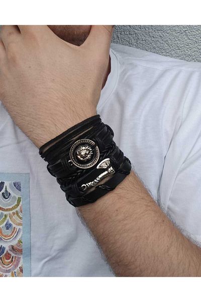 BSN Store Viking Thor 5-Piece Genuine Leather Bracelet with Scandinavian Axe and Lion Head Luck Figure