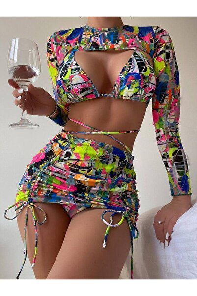 İlaydaButik Mikro Kumaş Bikini Takımı & Etek Bolero Dörtlü Set