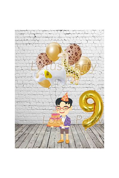 LOTUS PARTY Σετ μπαλονιών με θέμα τα ζώα Safari 9 ετών Elephant - Giraffe and Gold Foil Balloon Giraffe Printed Balloon