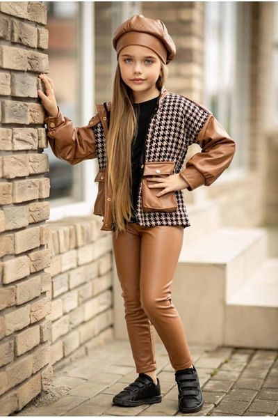 nisaykids Кожено яке за момиче, блуза, кожени клинове, комплект кожена шапка