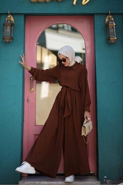 NS Moda Hijab Jumpsuit with Belted and Chest Buttons Brown Model-498