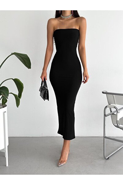 by serkan design Γυναικείο μαύρο φόρεμα μάξι από μεταξωτό ζέρσεϊ με στράπλες ...