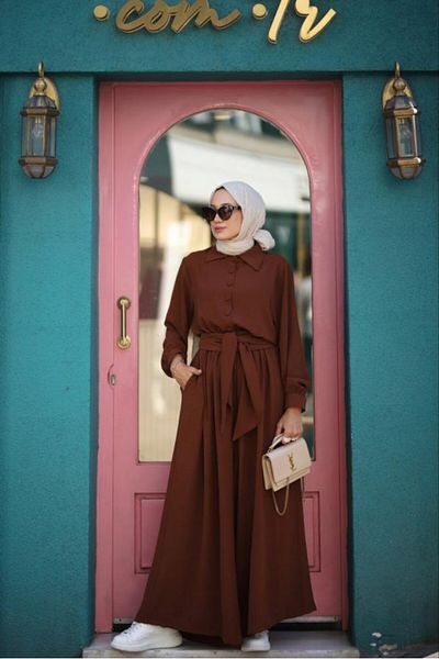NS Moda Hijab Jumpsuit with Belted and Chest Buttons Brown Model-498