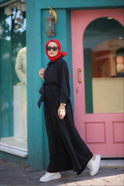 NS Moda Hijab Jumpsuit Belted, Chest Buttoned Black Model-498