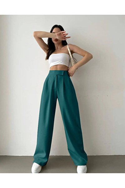 Mekafashion Cırtlı Atlas Kumaş Pantolon 200123 ZÜMRÜT