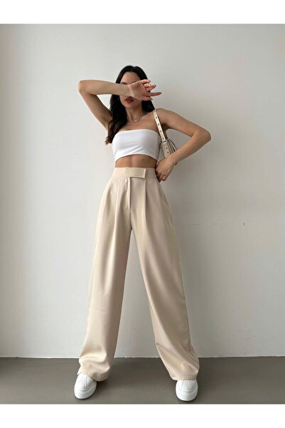 Mekafashion Michela Cırtlı Atlas Kumaş Pantolon 200123 TAŞ RENGİ