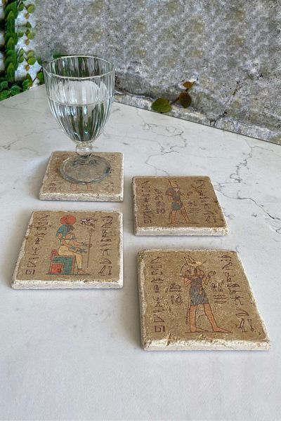 Gri Grafik Design Workshop Egyptian Theme Uv Printed Stone Coasters Set of 4 Mod-1