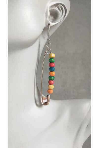 Fugusugu Wooden beaded dangle earrings with large safety pins