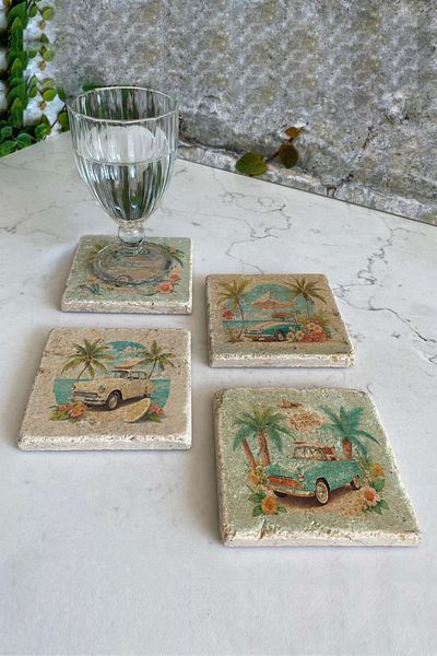 Gri Grafik Design Workshop Retro Cars Theme Uv Printed Stone Coasters Set of 4 Mod-1