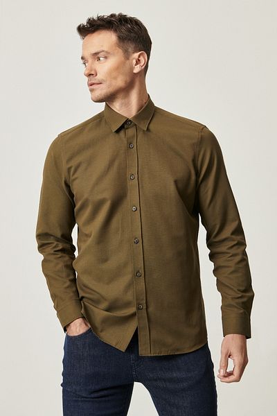 AC&Co / Altınyıldız Classics Ανδρικό Χακί Slim Fit Slim Fit Βαμβακερό κρυφό γιακά με μακρυμάνικο πουκάμισο Oxford