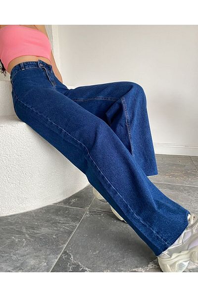 DRC trend Selenaa Pantaloni largi din lycra albastru închis mediu cu talie super extra înaltă Palazzo