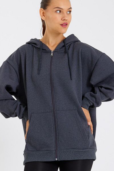 mmetalic Anthracite Kangaroo Pocket Hooded Zippered Cotton Inside Oversize Women's Sweatshirt