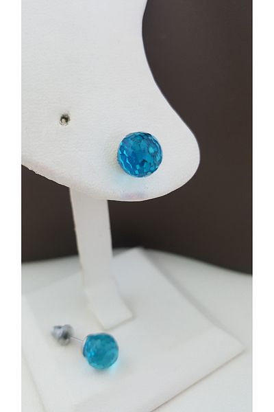 Lenanica Czech Crystal Diamond Cut Ocean Blue Ball Earrings on Steel