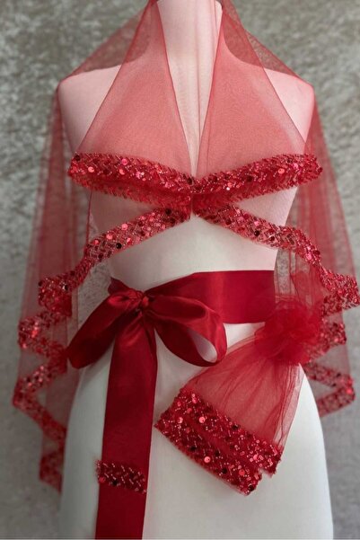 Gürlek Home Kırmızı Zarif Model Pullu Gelin Kına Duvağı Yüz Örtüsü