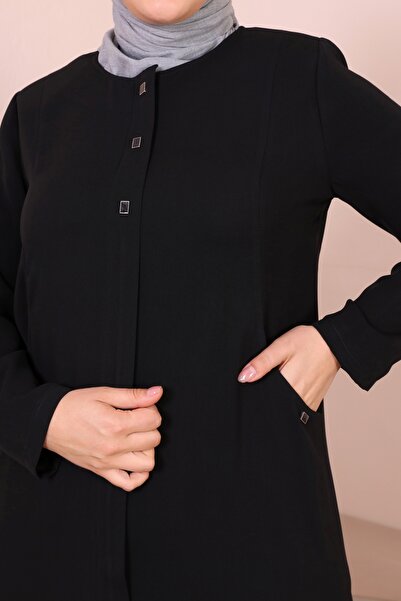 JALİA Women's Oval Pocket Snap Detailed Woven Crepe Fabric Zippered Ferace