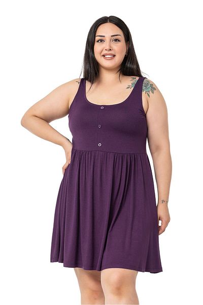 DISENTIS MODEST Plus Size Ornamental Button Detailed Viscose Short Plum Dress