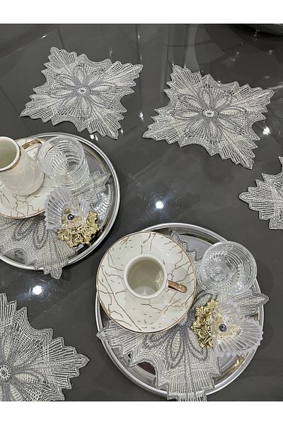 nubu atelier Bougainvillea Model Gray Color Decorative Guipure Lace 6-Piece Coffee Cocktail Presentation Napkin