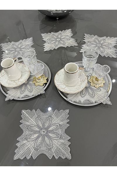 Nubu Atölye Bougainvillea Model Gray Color Decorative Guipure Lace 6-Piece Coffee Cocktail Presentation Napkin