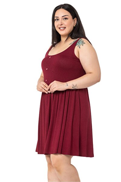 DISENTIS MODEST Large Size Ornamental Button Detailed Viscose Short Claret Red Dress