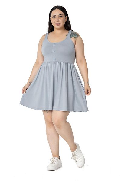 DISENTIS MODEST Plus Size Ornamental Button Detailed Viscose Short Light Gray Dress
