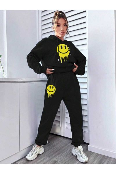mercoledi Set de trening supradimensionat, negru, cu glugă, cu glugă, cu imprimeu Smile