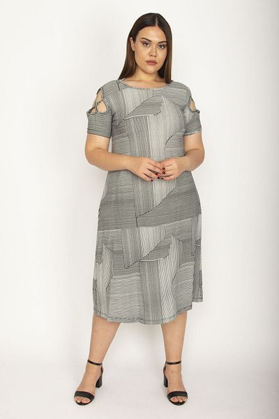 Şans Women's Large Size Gray Shoulder Detailed Dress 65n26571