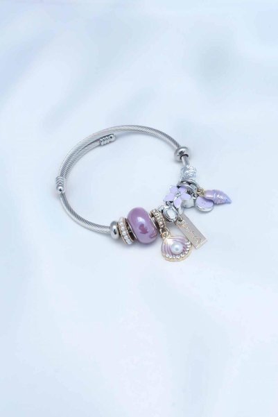 Generic Brand Steel Charm Bracelet with Lilac Stone and Sea Shell Figure