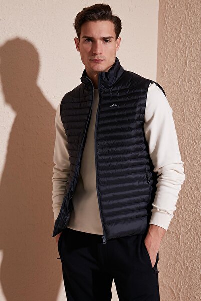 PIQUE Men's Winter Regular Fit Stand Collar Pocket Quilted Puffer Vest Navy Blue