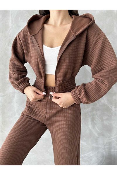 Jeevee Quilted Hooded Zipper Tracksuit Set