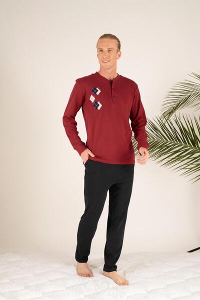 Estiva Men's Winter Three-Button Round Collar Combed Cotton Pajama Set