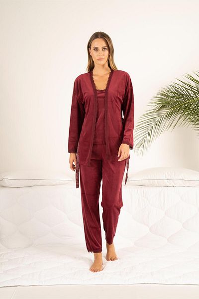 Estiva Women's Winter 3-Piece Dressing Gown Lace Detailed Soft Velvet Pajama Set