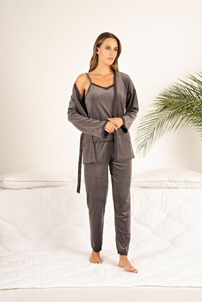 Estiva Women's Winter 3-Piece Dressing Gown Lace Detailed Soft Velvet Pajama Set