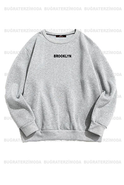 Buğraterzimoda Μπλούζα με στάμπα Brooklyn Unisex Oversize Μαύρο-Γκρι διπλό φούτερ