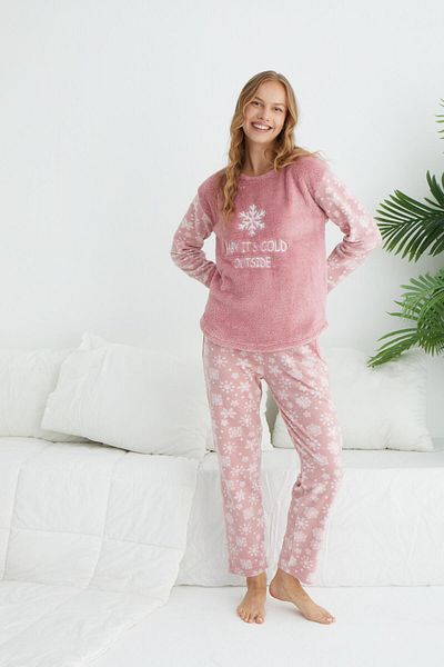 Estiva Set de pijamale din lână cu model de zăpadă de iarnă pentru femei