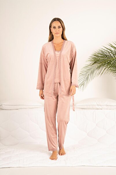 Estiva Women's Winter 3-Piece Dressing Gown Lace Detailed Soft Velvet Pajama Set