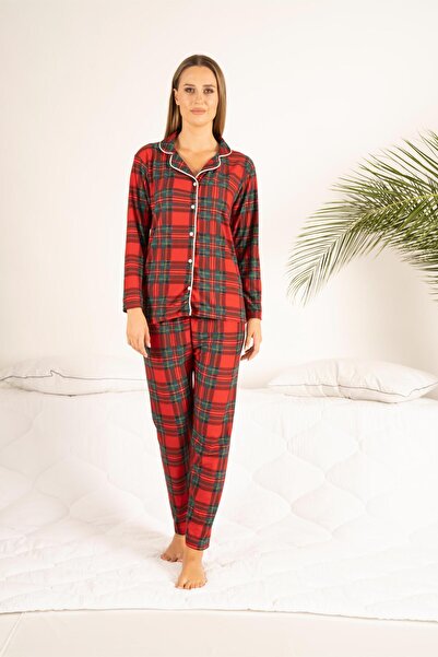 Estiva Γυναικείο σετ πιτζάμες με μακρυμάνικο μπροστινό κουμπιά με κόκκινο καρ...