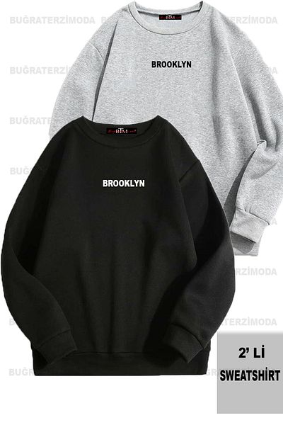 Buğraterzimoda Μπλούζα με στάμπα Brooklyn Unisex Oversize Μαύρο-Γκρι διπλό φούτερ