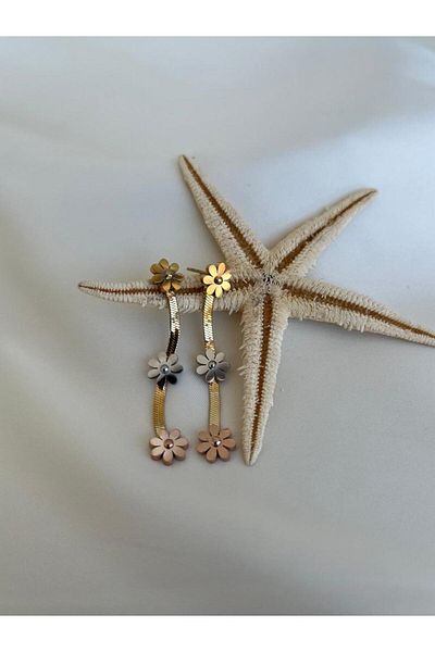 Rachel Steel Dangle Italian Chain Gold Silver Rose Flower Pattern Earrings
