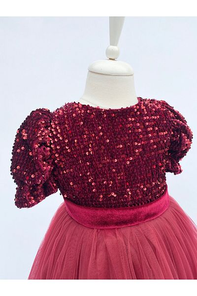 zühre balaban Burgundy Velvet Sequined Girl's Evening Dress