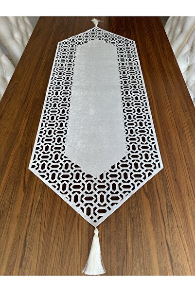NURHAN HOME COLLECTION Trendy Model Ecru Color Velvet Fabric Underneath Black Tulle Table Cloth Runner