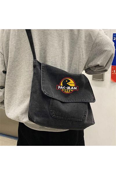 Touz Geantă Messenger unisex cu imprimeu Pac-Man, vintage, gri din denim