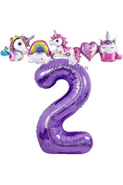 Parti Station Mor Renk Rakam Balonlu Unicorn 2 Yaş Doğum Günü Parti Balon Set...