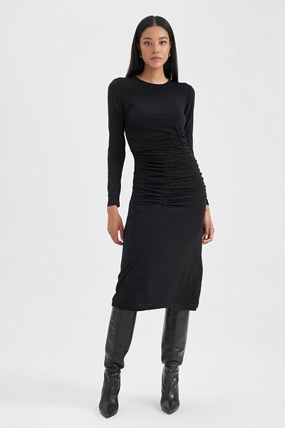 DeFacto Bodycon tělo obepínající midi šaty s kulatým výstřihem a dlouhým rukávem B1819ax23au